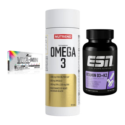 Grundversorgung: Olimp Vita-Min + Nutrend Omega 3 + ESN Vitamin D3 – alle enthaltenen Artikel