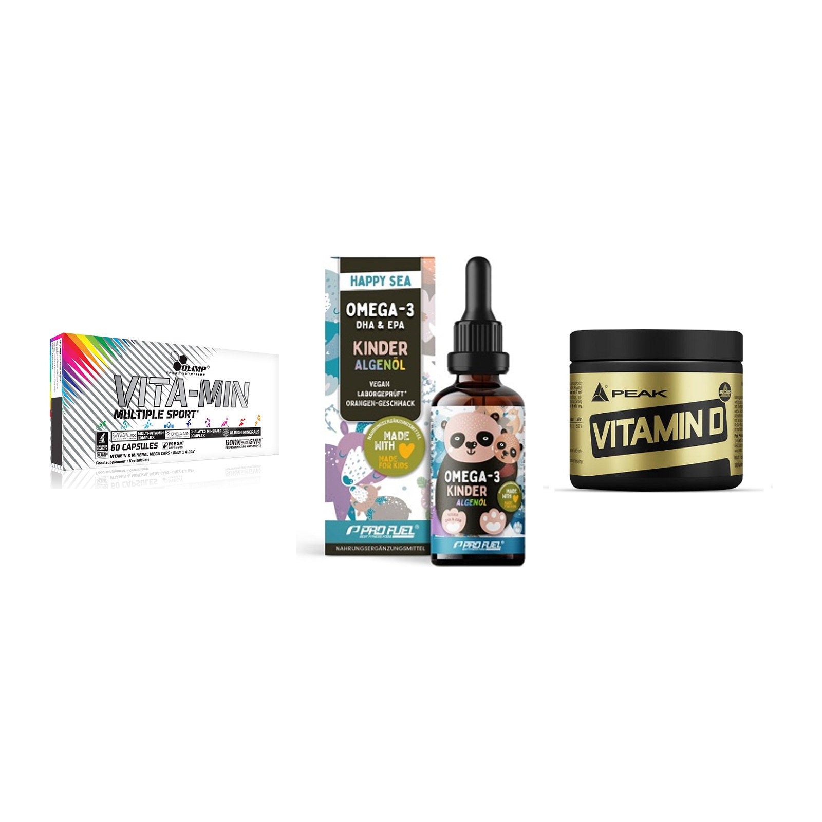 Grundversorgung: Olimp Vita-Min + ProFuel OMEGA-3 + Peak Vitamin D – alle enthaltenen Artikel