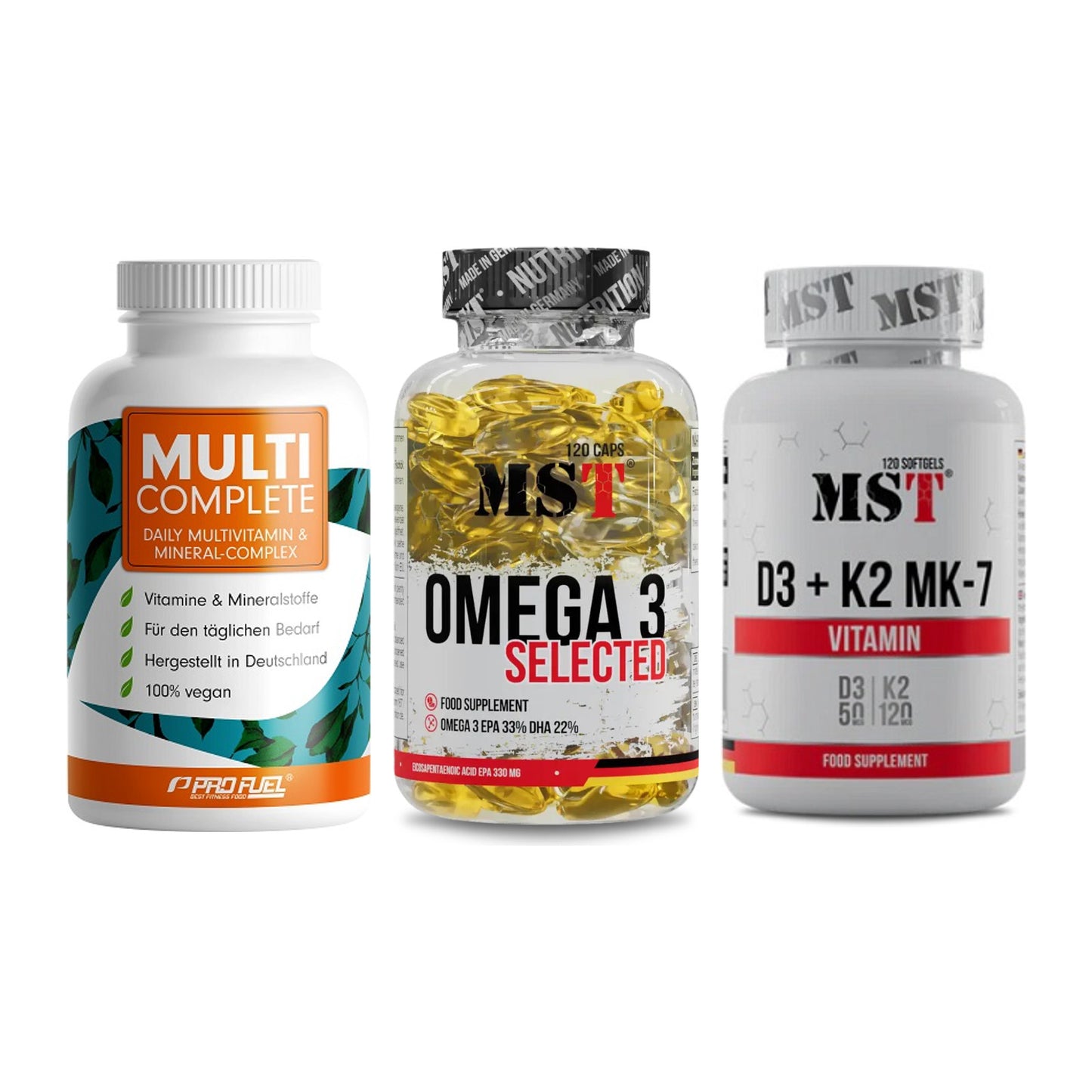 Grundversorgung: ProFuel MULTI + MST Omega 3 + MST Vitamin D3 – alle enthaltenen Artikel