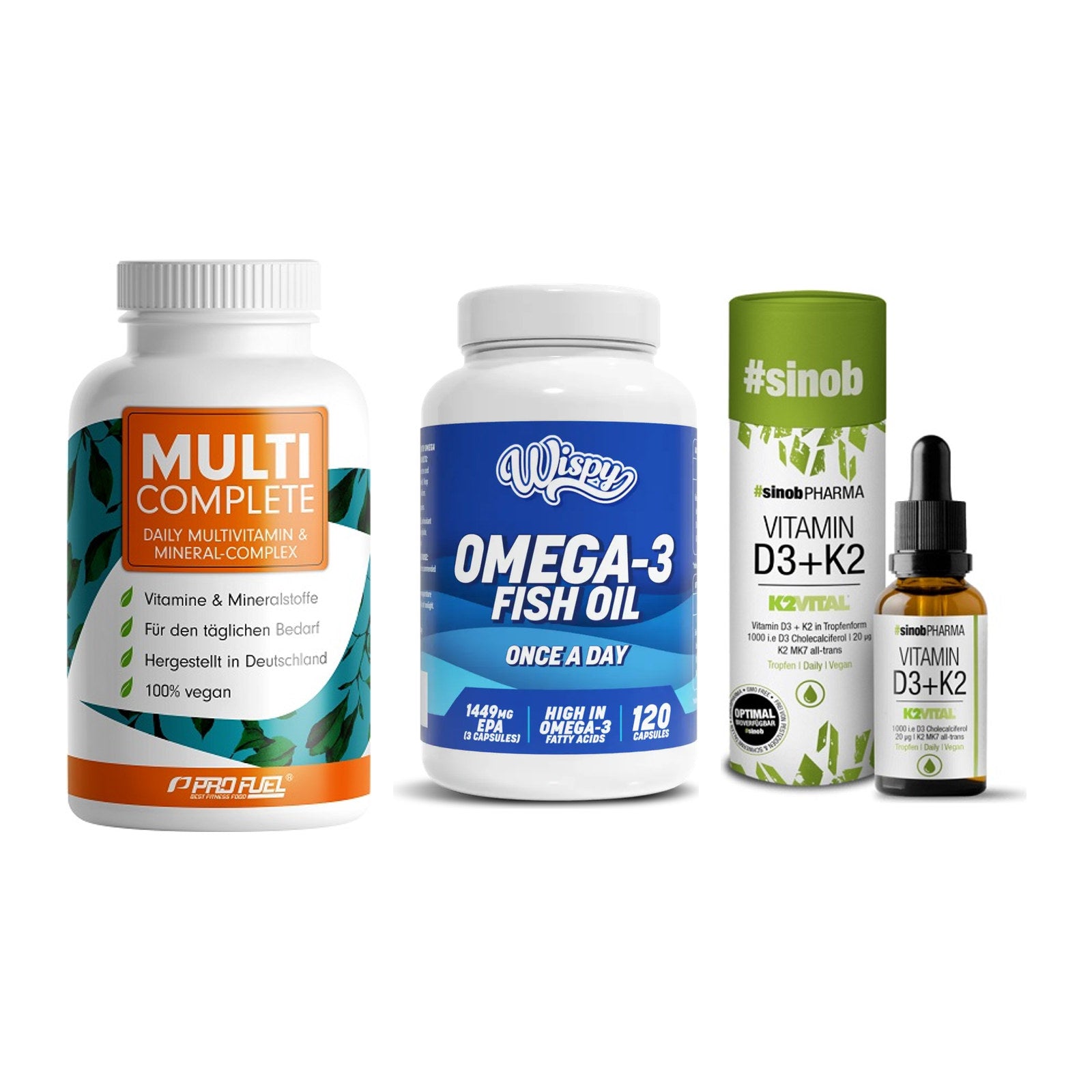 Grundversorgung: ProFuel MULTI + Wispy Omega 3 + Sinob Vitamin – alle enthaltenen Artikel