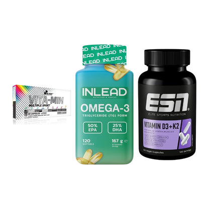 Grundversorgung: Olimp Vita-Min + INLEAD Omega-3 + ESN Vitamin D3 – alle enthaltenen Artikel