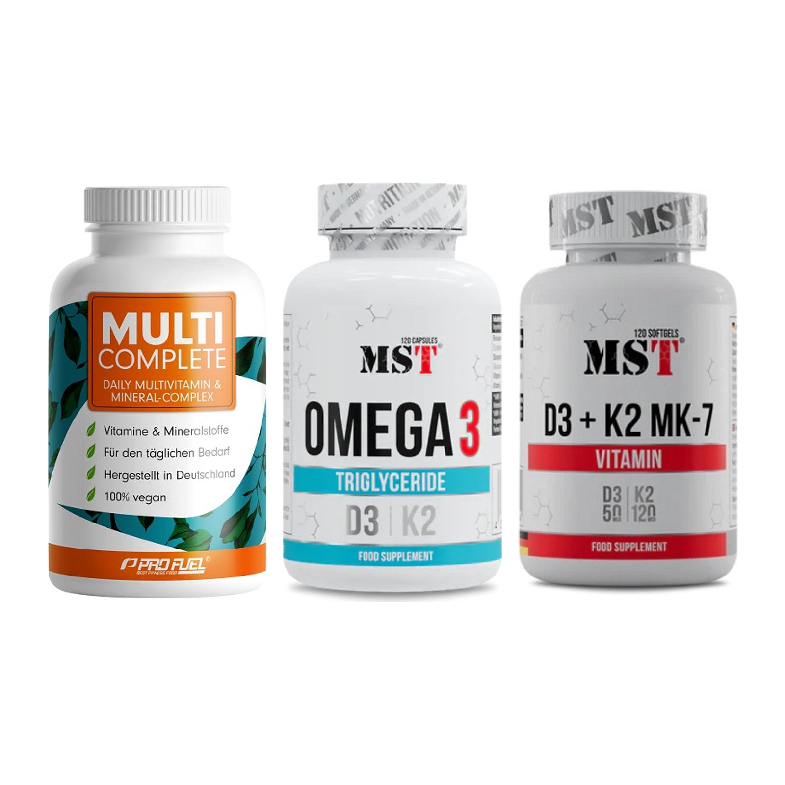 Grundversorgung: ProFuel MULTI + MST Omega 3 500 + MST Vitamin D3 – alle enthaltenen Artikel