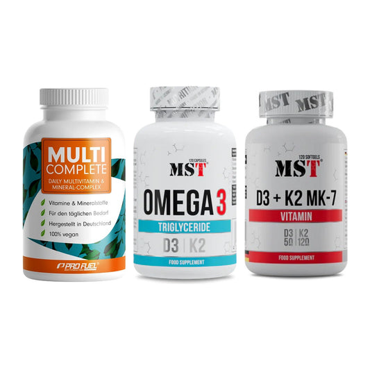 Grundversorgung: ProFuel MULTI + MST Omega 3 500 + MST Vitamin D3 – alle enthaltenen Artikel