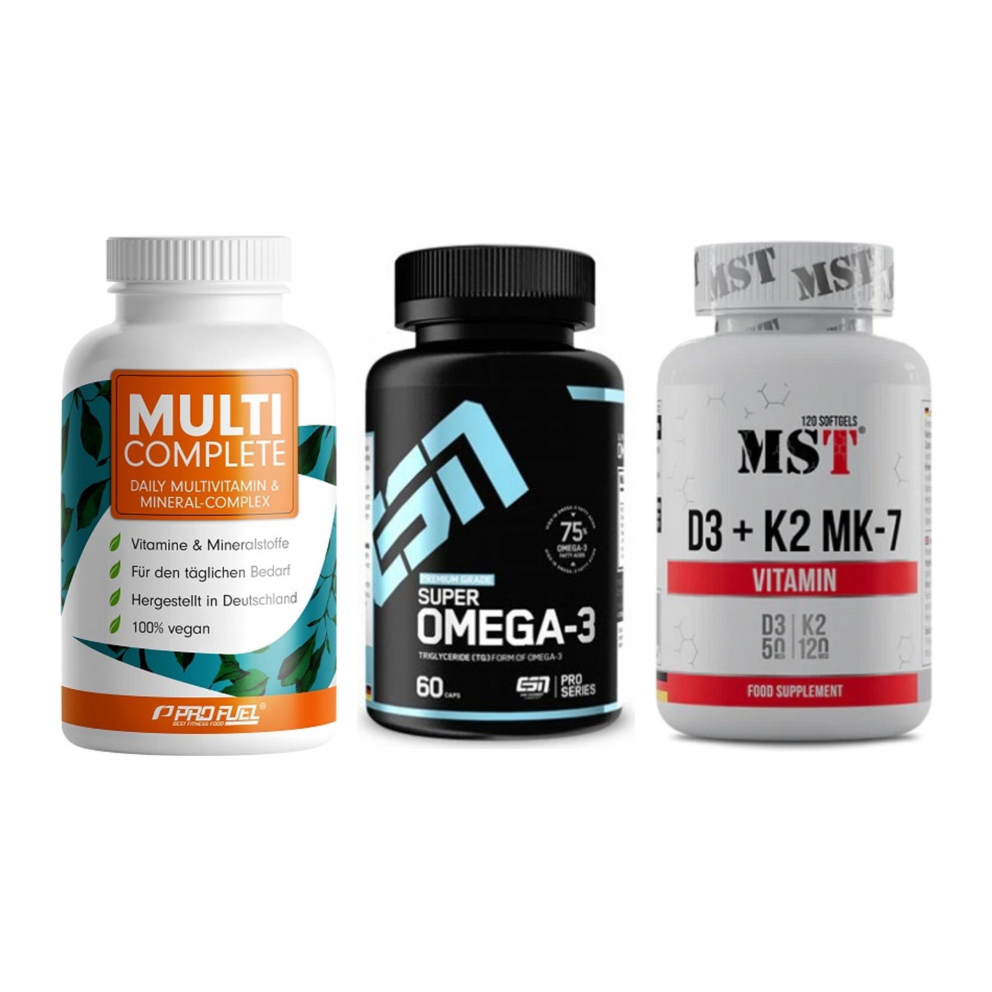 Grundversorgung: ProFuel MULTI + ESN Omega 3 + MST Vitamin D3 – alle enthaltenen Artikel