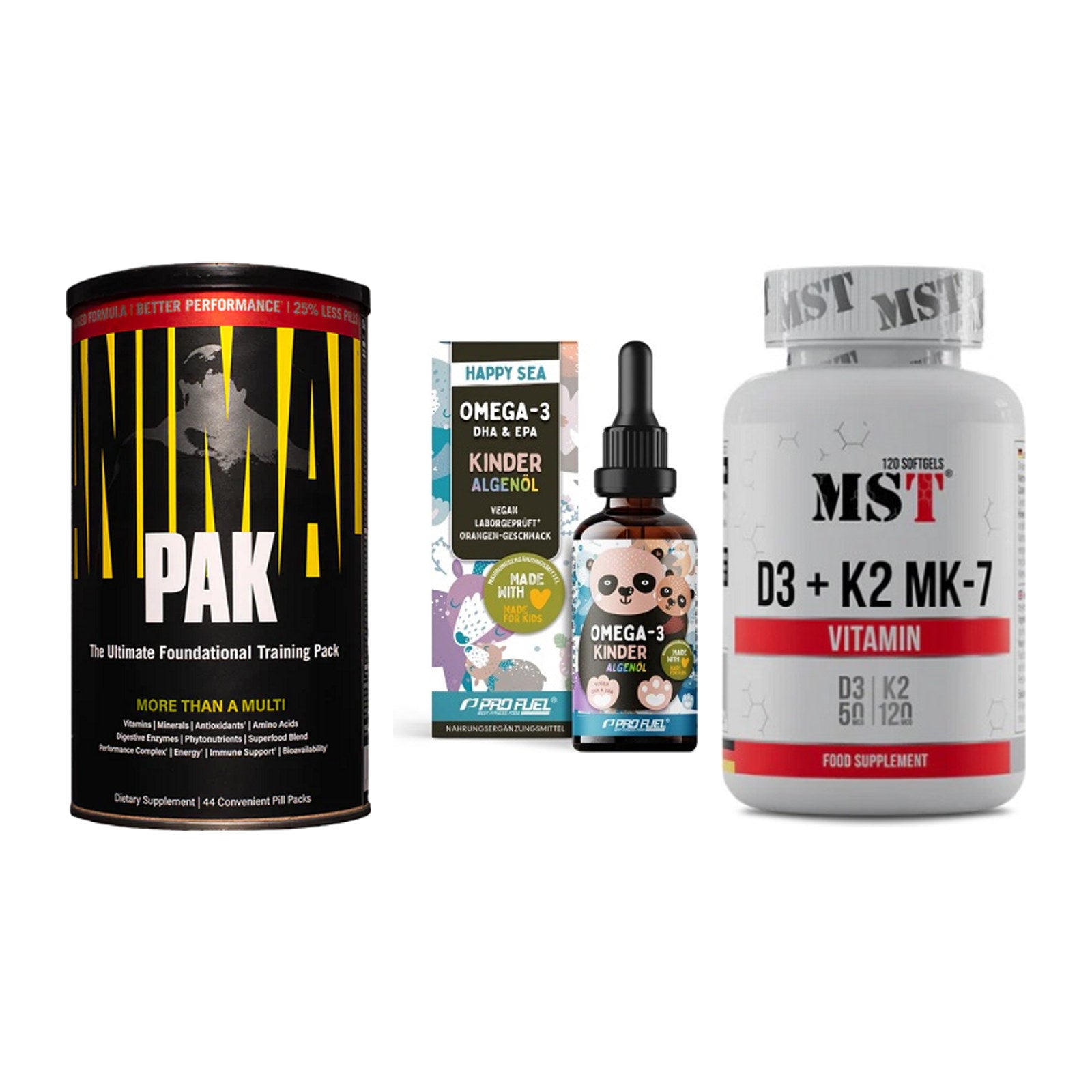 Grundversorgung: Universal + ProFuel OMEGA-3 + MST Vitamin D3 – alle enthaltenen Artikel