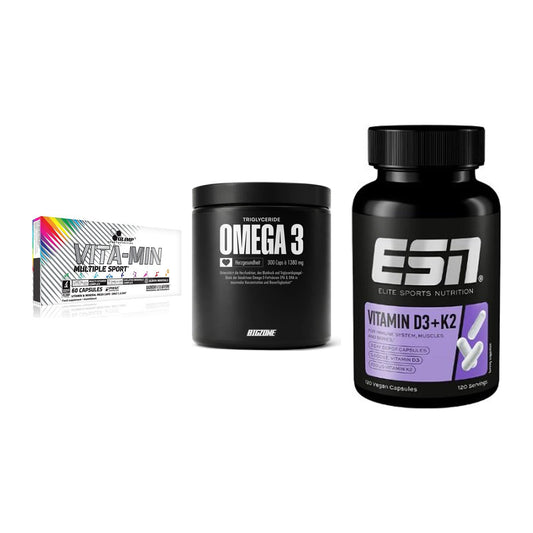 Grundversorgung: Olimp Vita-Min + Big Zone Omega + ESN Vitamin D3 – alle enthaltenen Artikel