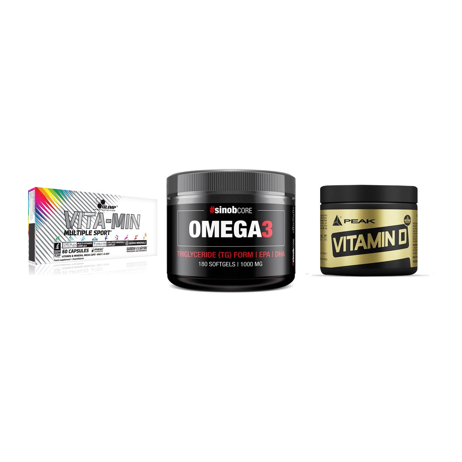 Grundversorgung: Olimp Vita-Min + Sinob Omega 3 + Peak Vitamin D – alle enthaltenen Artikel