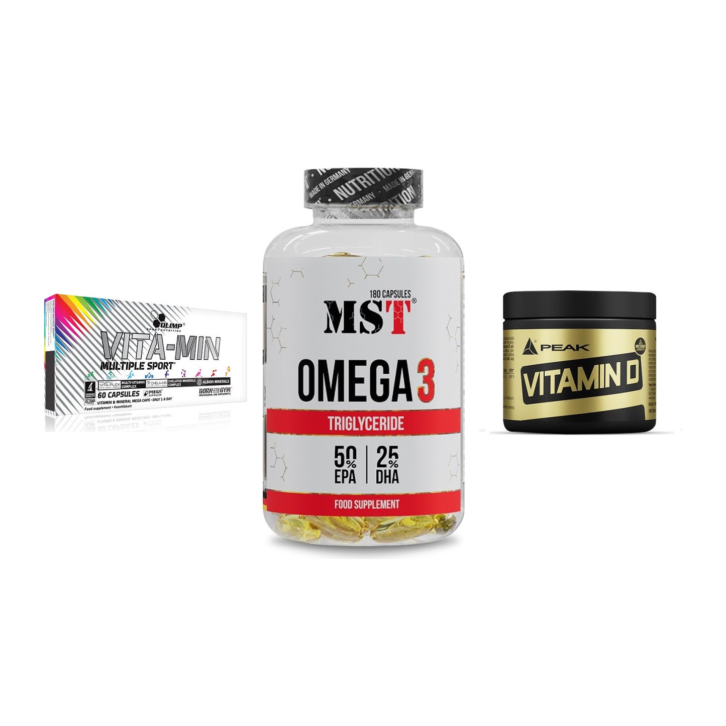 Grundversorgung: Olimp Vita-Min + MST Omega 3 + Peak Vitamin D – alle enthaltenen Artikel