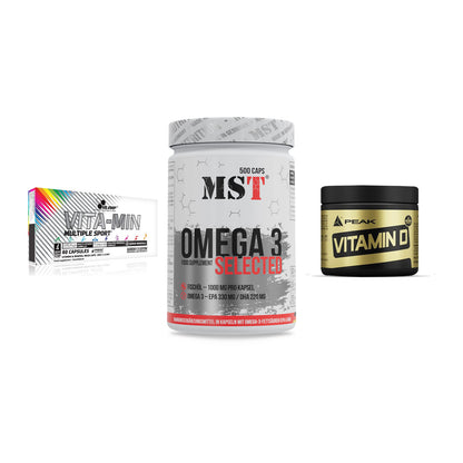 Grundversorgung: Olimp Vita-Min + MST Omega 3 + Peak Vitamin D – alle enthaltenen Artikel