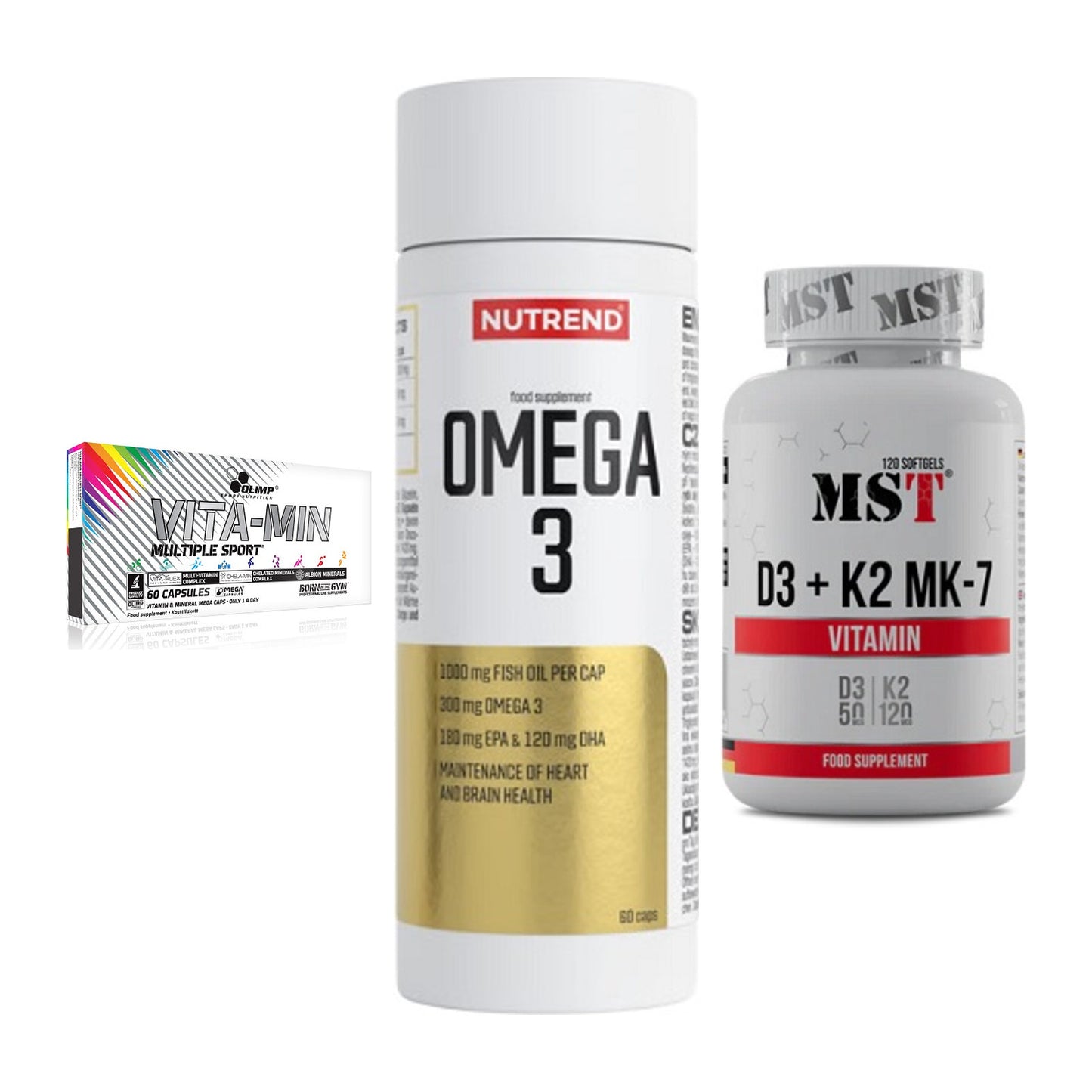Grundversorgung: Olimp Vita-Min + Nutrend Omega 3 + MST Vitamin D3 – alle enthaltenen Artikel