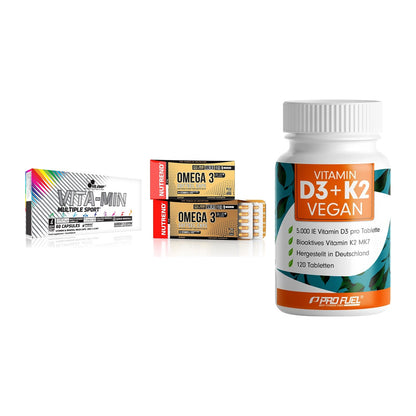 Grundversorgung: Olimp Vita-Min + Nutrend Omega 3 + ProFuel Vitamin – alle enthaltenen Artikel