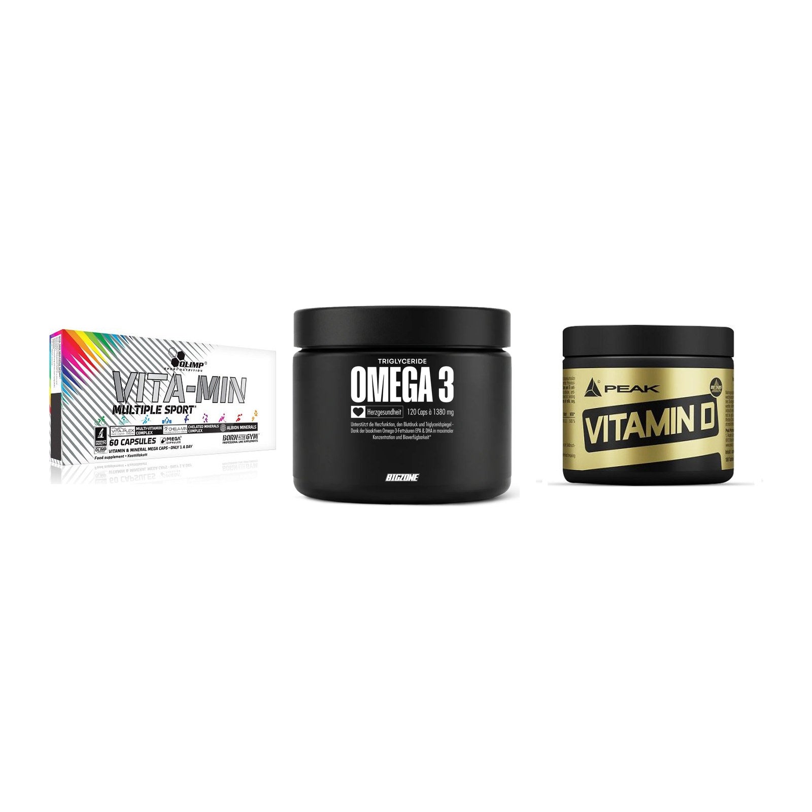 Grundversorgung: Olimp Vita-Min + Big Zone Omega + Peak Vitamin D – alle enthaltenen Artikel