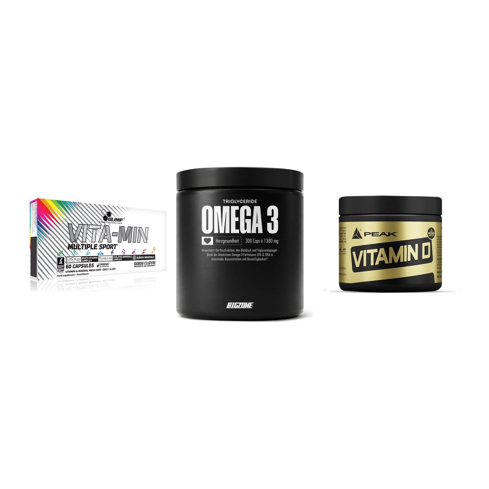 Grundversorgung: Olimp Vita-Min + Big Zone Omega + Peak Vitamin D – alle enthaltenen Artikel