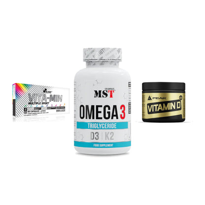 Grundversorgung: Olimp Vita-Min + MST Omega 3 500 + Peak Vitamin D – alle enthaltenen Artikel