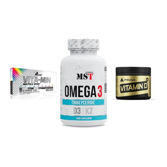Grundversorgung: Olimp Vita-Min + MST Omega 3 500 + Peak Vitamin D – alle enthaltenen Artikel