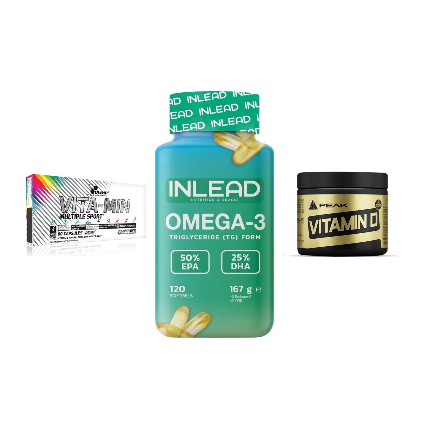 Grundversorgung: Olimp Vita-Min + INLEAD Omega-3 + Peak Vitamin D – alle enthaltenen Artikel