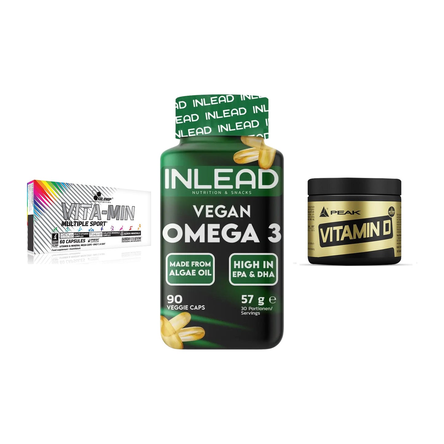 Grundversorgung: Olimp Vita-Min + INLEAD Vegan + Peak Vitamin D – alle enthaltenen Artikel