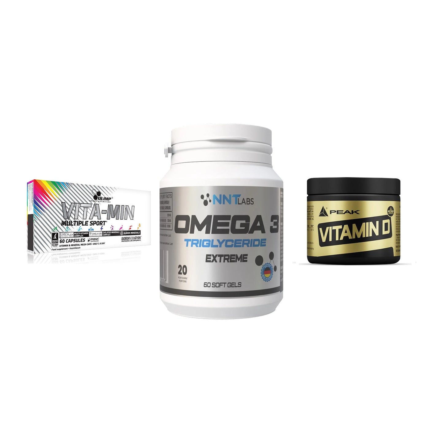 Grundversorgung: Olimp Vita-Min + NNT Omega 3 + Peak Vitamin D – alle enthaltenen Artikel