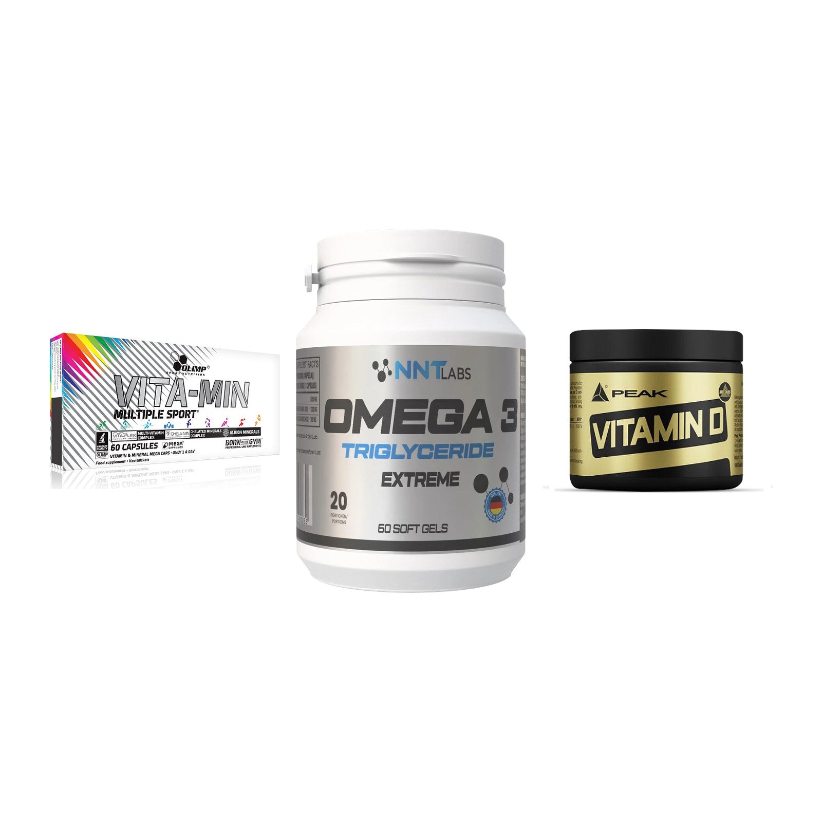 Grundversorgung: Olimp Vita-Min + NNT Omega 3 + Peak Vitamin D – alle enthaltenen Artikel
