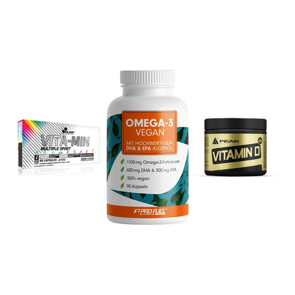 Grundversorgung: Olimp Vita-Min + ProFuel Omega 3 + Peak Vitamin D – alle enthaltenen Artikel