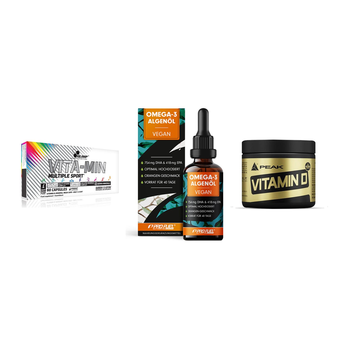 Grundversorgung: Olimp Vita-Min + ProFuel Omega 3 + Peak Vitamin D – alle enthaltenen Artikel
