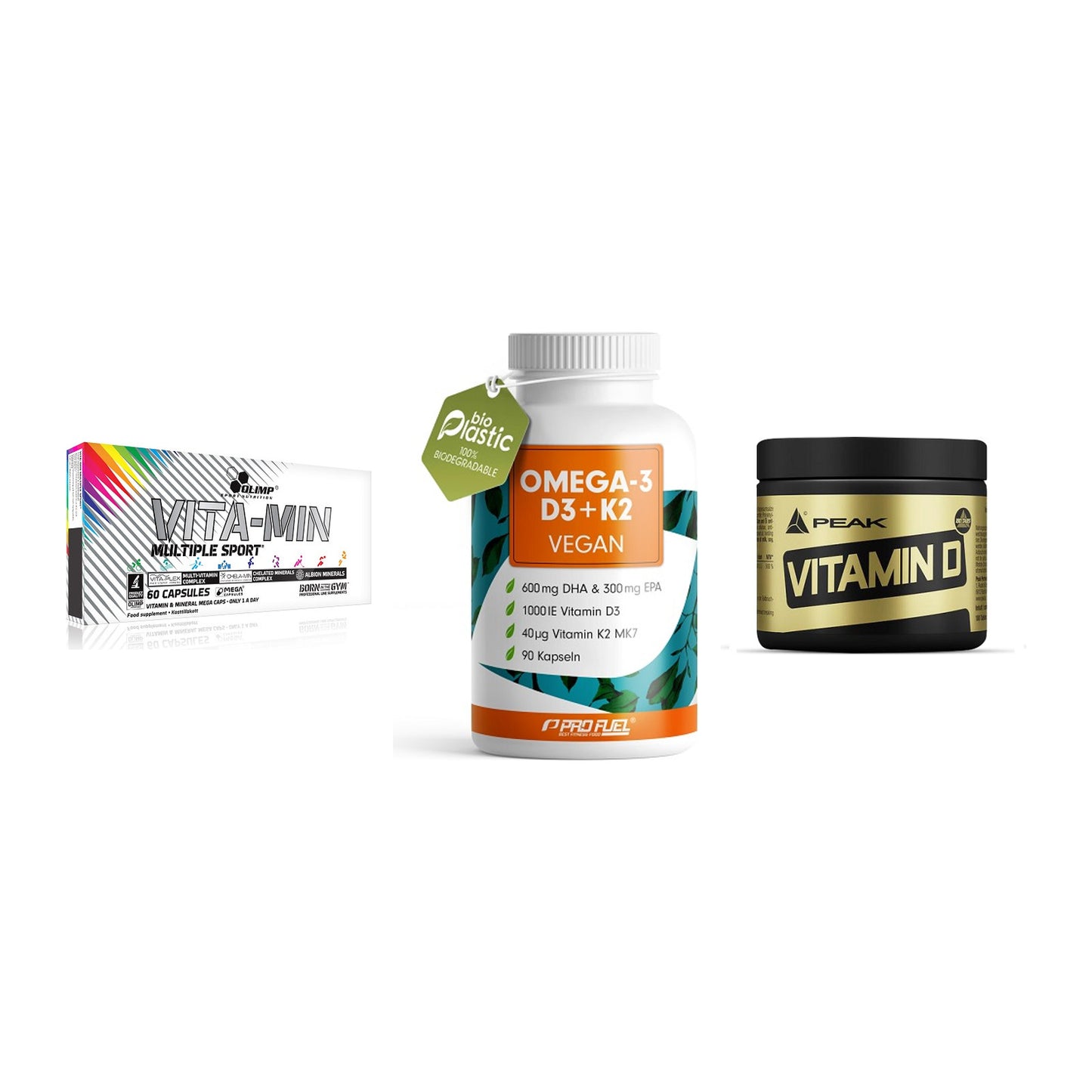Grundversorgung: Olimp Vita-Min + ProFuel Omega 3 + Peak Vitamin D – alle enthaltenen Artikel