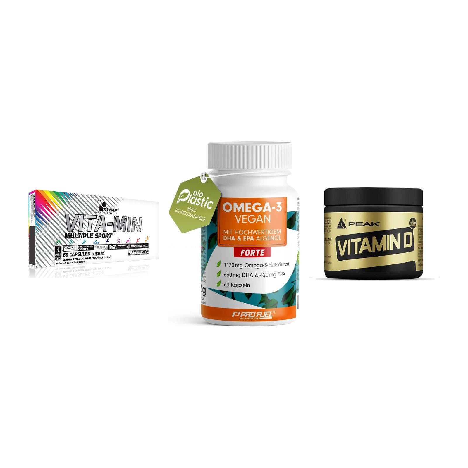 Grundversorgung: Olimp Vita-Min + ProFuel Omega 3 + Peak Vitamin D – alle enthaltenen Artikel
