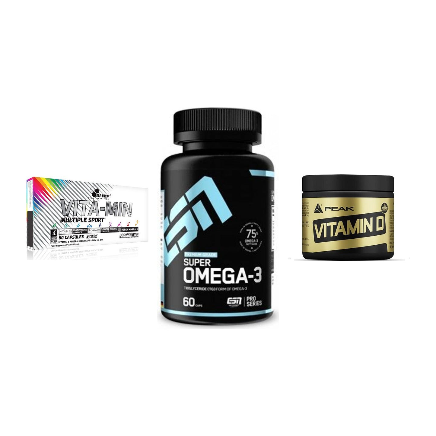 Grundversorgung: Olimp Vita-Min + ESN Omega 3 + Peak Vitamin D – alle enthaltenen Artikel