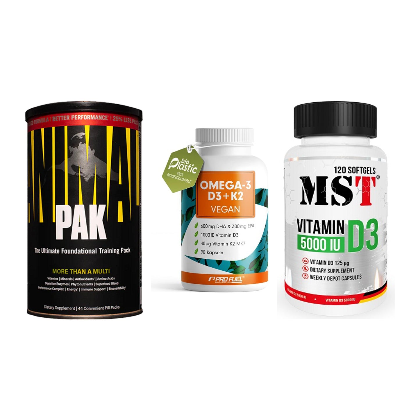 Grundversorgung: Universal + ProFuel Omega 3 + MST Vitamin D3 – alle enthaltenen Artikel