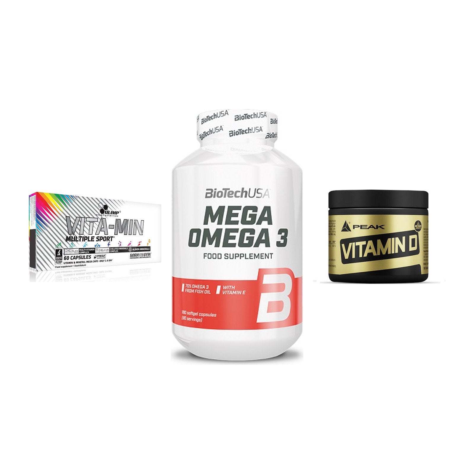 Grundversorgung: Olimp Vita-Min + BioTech Mega + Peak Vitamin D – alle enthaltenen Artikel
