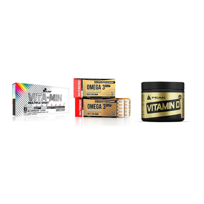 Grundversorgung: Olimp Vita-Min + Nutrend Omega 3 + Peak Vitamin D – alle enthaltenen Artikel
