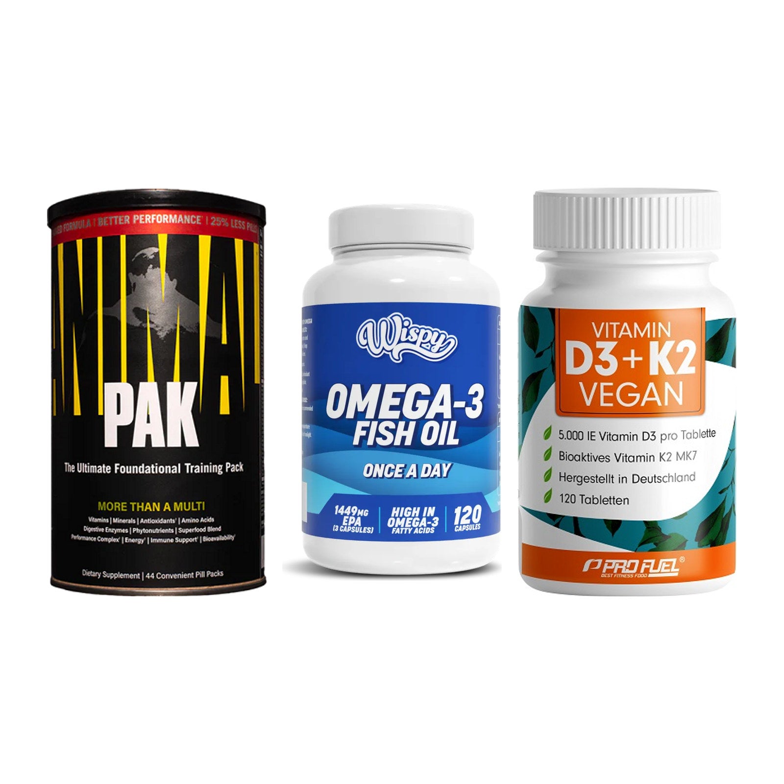 Grundversorgung: Universal + Wispy Omega 3 + ProFuel Vitamin – alle enthaltenen Artikel