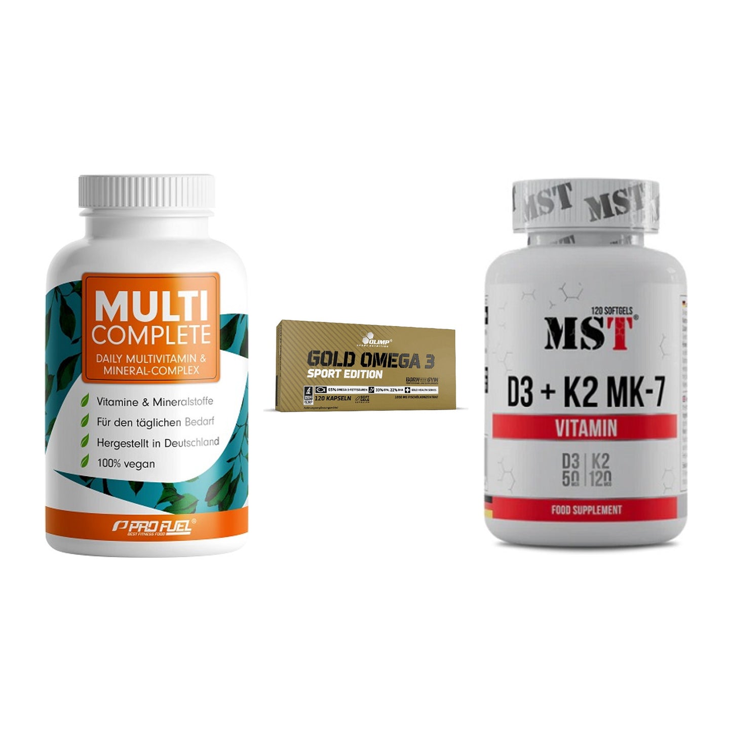 Grundversorgung: ProFuel MULTI + Olimp Omega 3 + MST Vitamin D3 – alle enthaltenen Artikel
