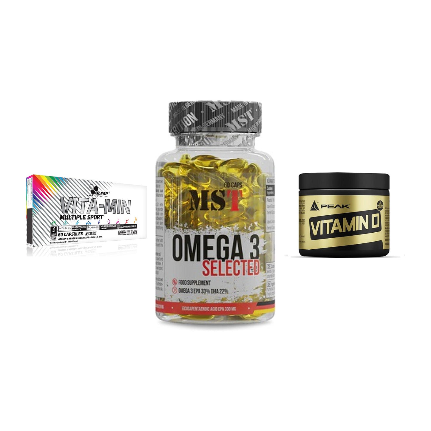 Grundversorgung: Olimp Vita-Min + MST Omega 3 + Peak Vitamin D – alle enthaltenen Artikel