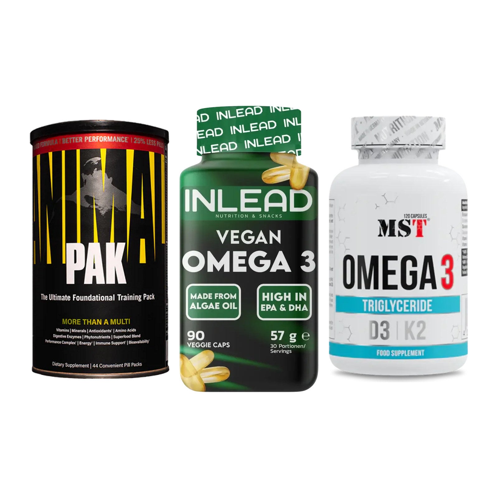 Grundversorgung: Universal + INLEAD Vegan + MST Omega 3 500 – alle enthaltenen Artikel