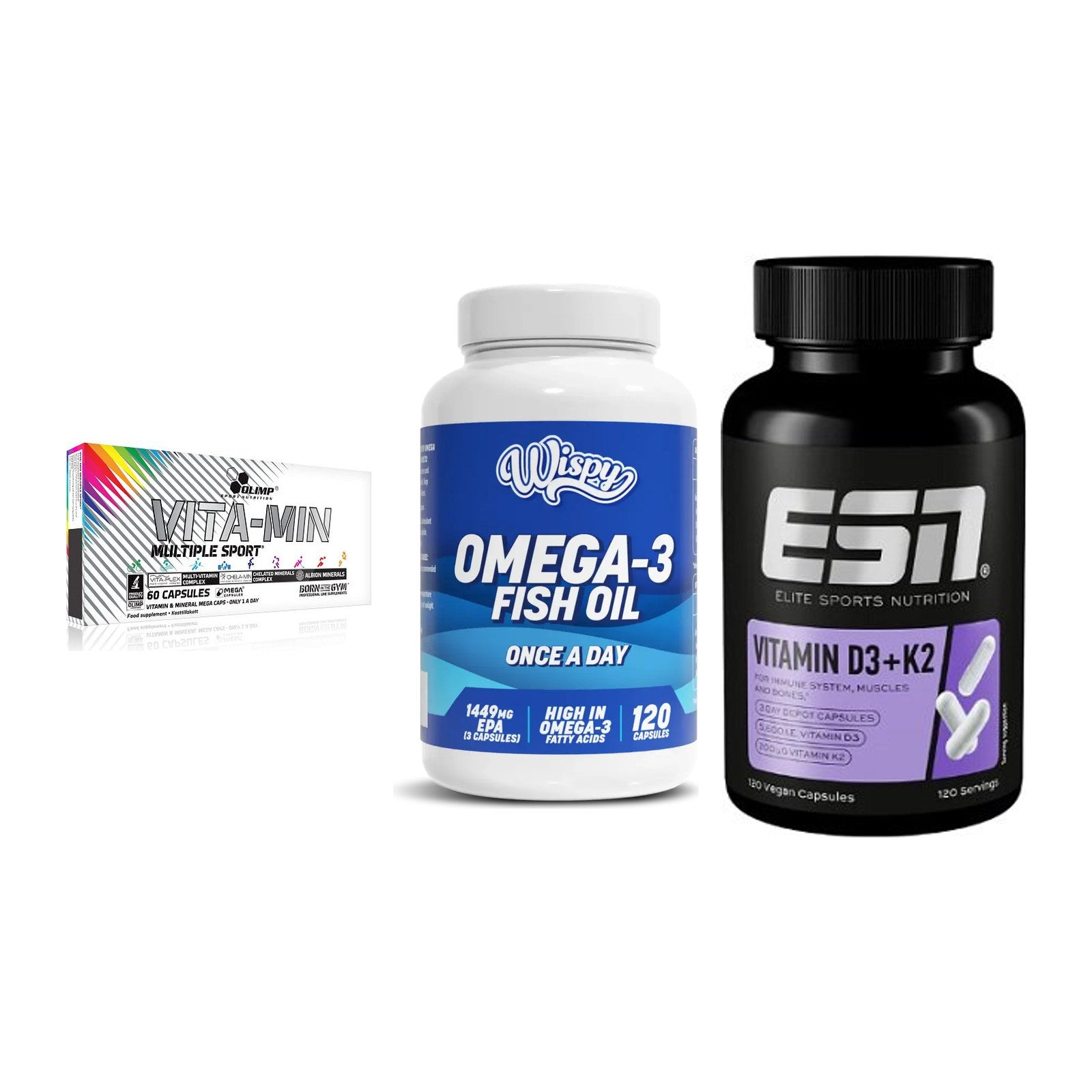 Grundversorgung: Olimp Vita-Min + Wispy Omega 3 + ESN Vitamin D3 – alle enthaltenen Artikel