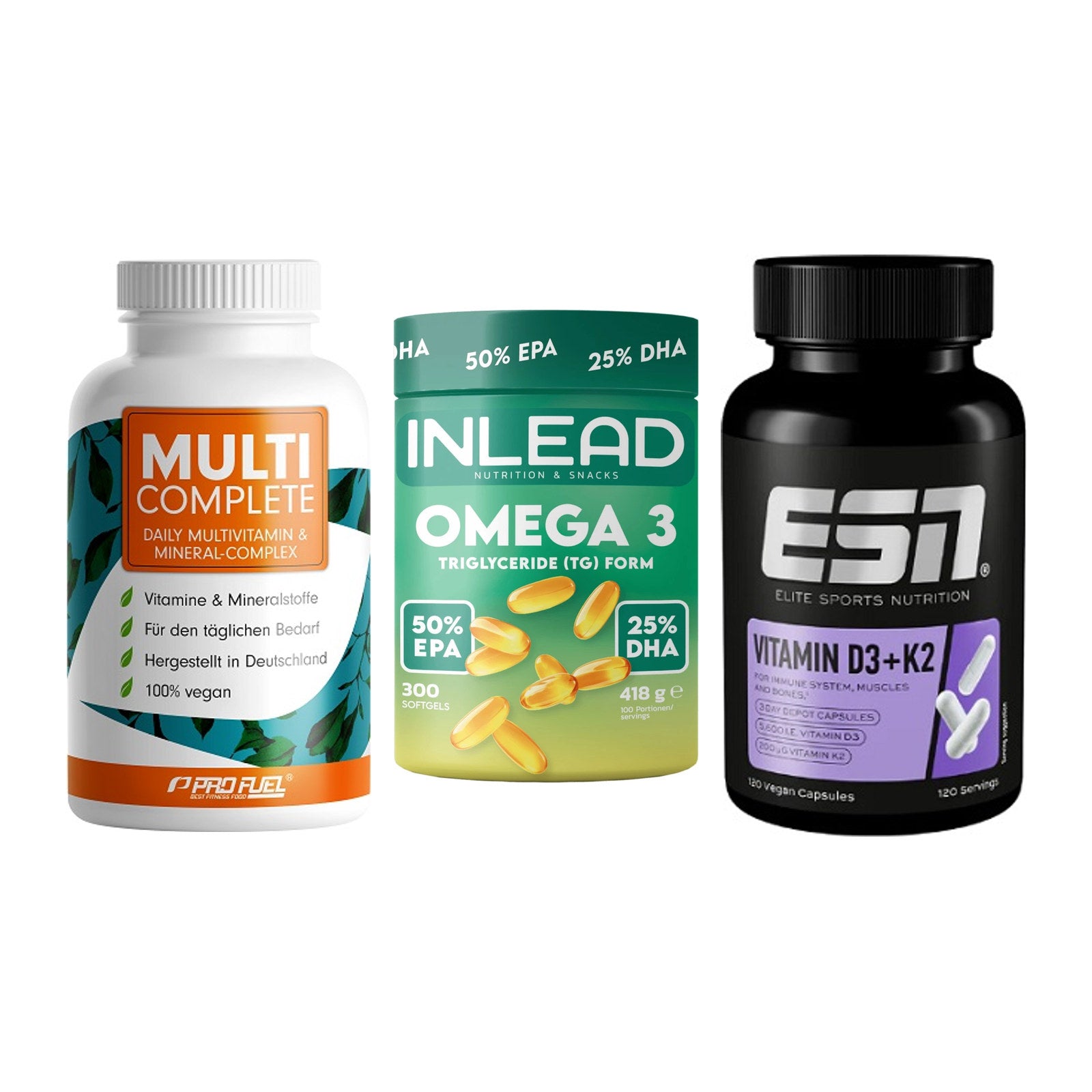 Grundversorgung: ProFuel MULTI + INLEAD Omega-3 + ESN Vitamin D3 – alle enthaltenen Artikel