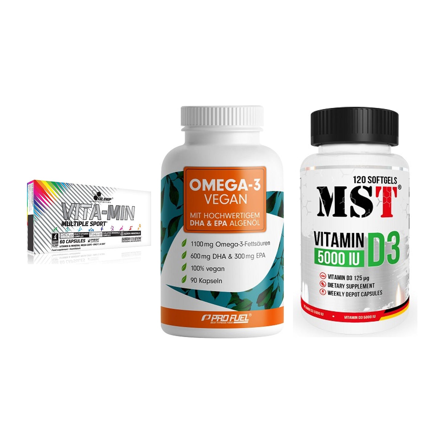 Grundversorgung: Olimp Vita-Min + ProFuel Omega 3 + MST Vitamin D3 – alle enthaltenen Artikel