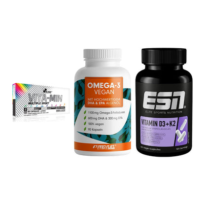 Grundversorgung: Olimp Vita-Min + ProFuel Omega 3 + ESN Vitamin D3 – alle enthaltenen Artikel