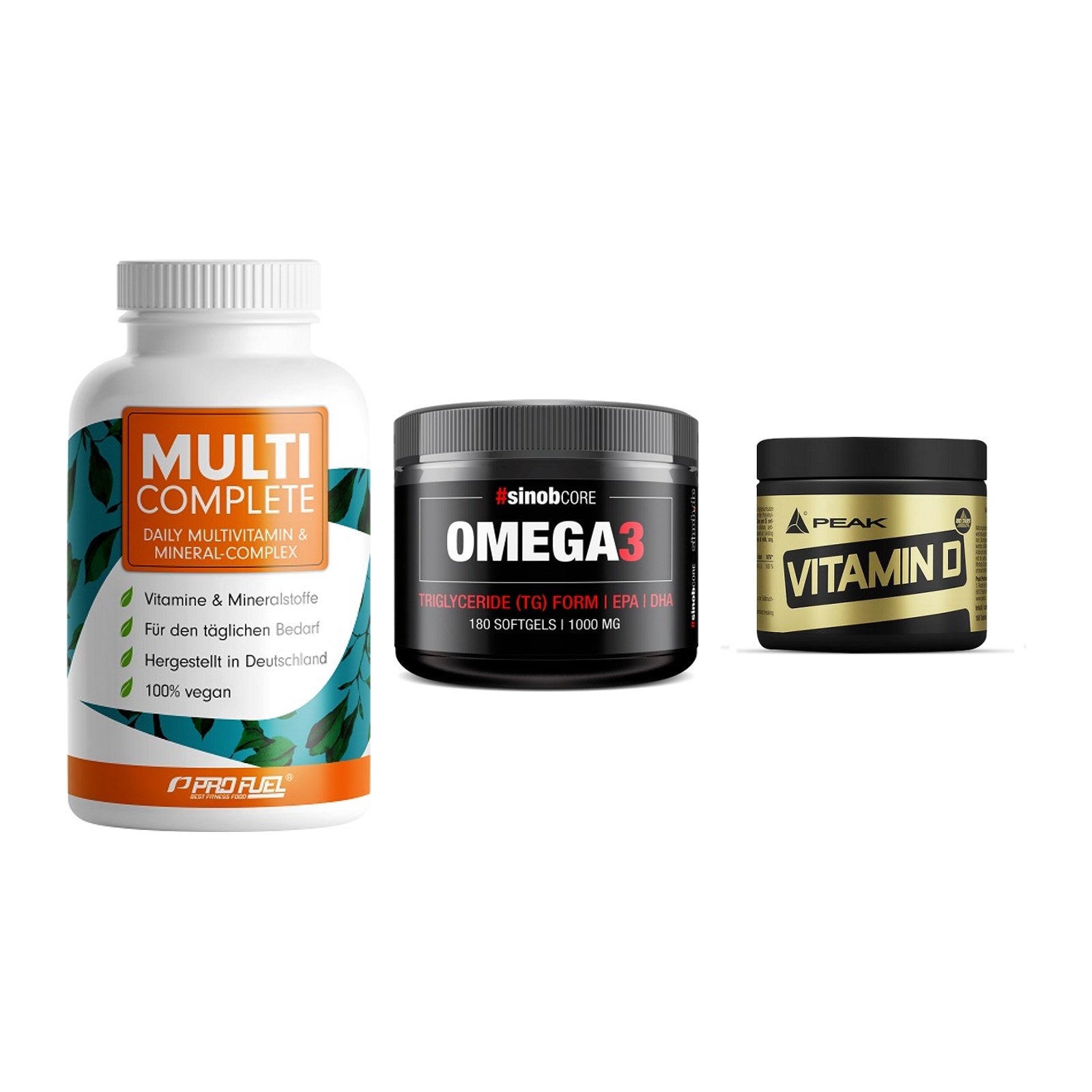 Grundversorgung: ProFuel MULTI + Sinob Omega 3 + Peak Vitamin D – alle enthaltenen Artikel
