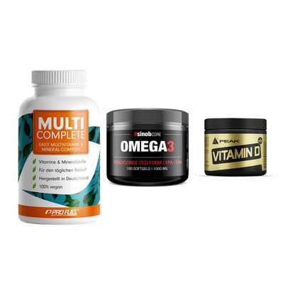 Grundversorgung: ProFuel MULTI + Sinob Omega 3 + Peak Vitamin D – alle enthaltenen Artikel
