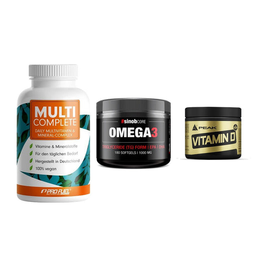 Grundversorgung: ProFuel MULTI + Sinob Omega 3 + Peak Vitamin D – alle enthaltenen Artikel