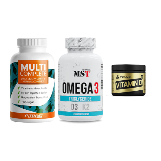 Grundversorgung: ProFuel MULTI + MST Omega 3 500 + Peak Vitamin D – alle enthaltenen Artikel