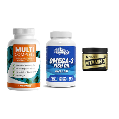 Grundversorgung: ProFuel MULTI + Wispy Omega 3 + Peak Vitamin D – alle enthaltenen Artikel