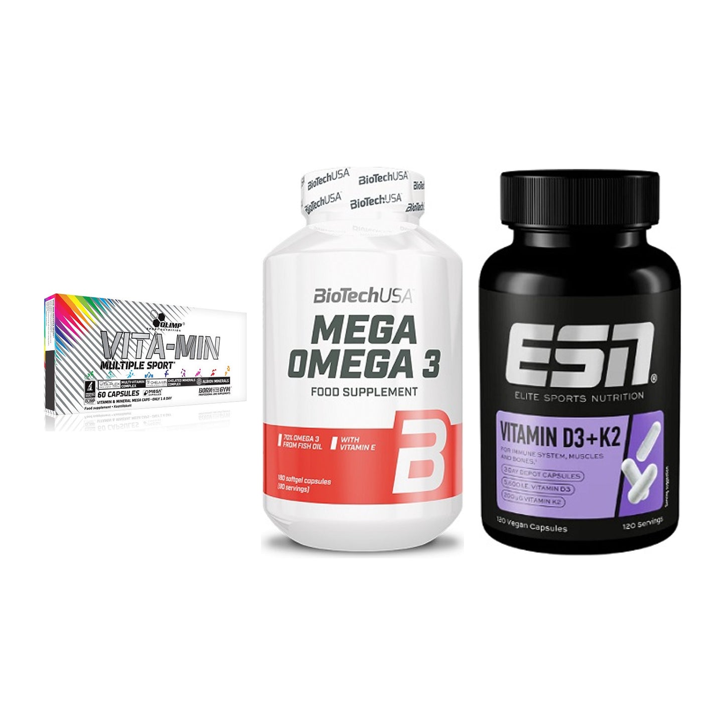 Grundversorgung: Olimp Vita-Min + BioTech Mega + ESN Vitamin D3 – alle enthaltenen Artikel
