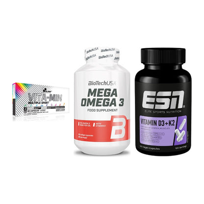 Grundversorgung: Olimp Vita-Min + BioTech Mega + ESN Vitamin D3 – alle enthaltenen Artikel