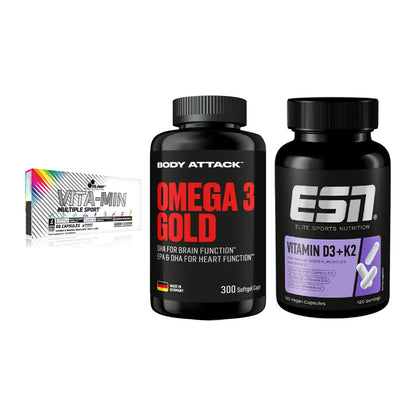 Grundversorgung: Olimp Vita-Min + Body Attack + ESN Vitamin D3 – alle enthaltenen Artikel