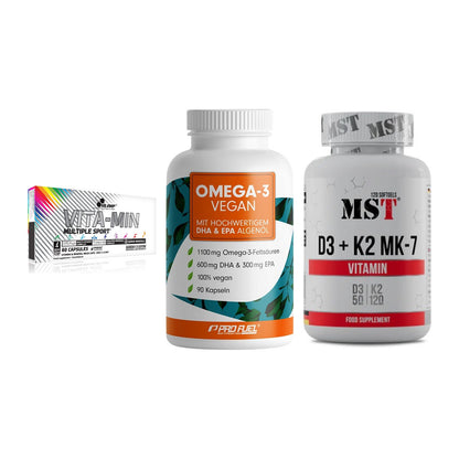 Grundversorgung: Olimp Vita-Min + ProFuel Omega 3 + MST Vitamin D3 – alle enthaltenen Artikel
