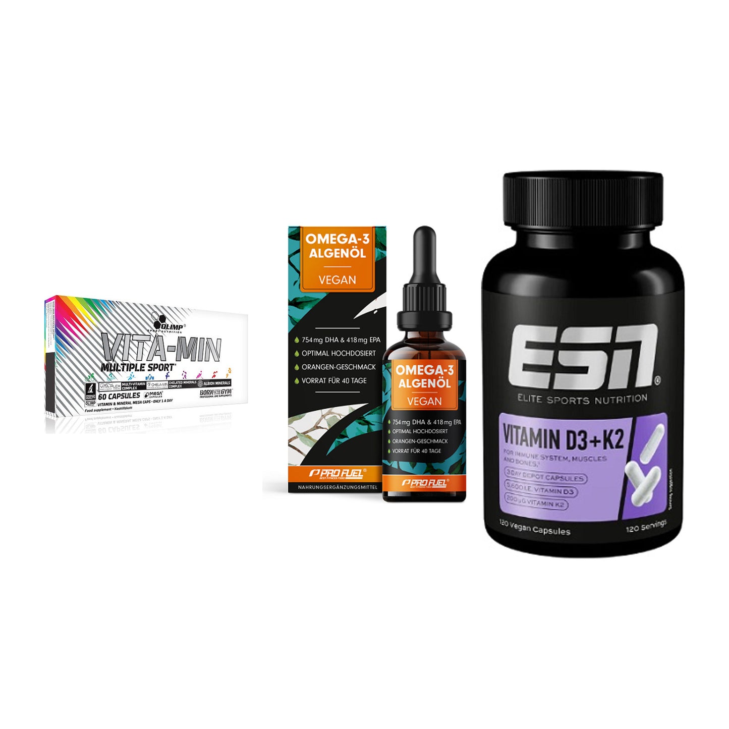 Grundversorgung: Olimp Vita-Min + ProFuel Omega 3 + ESN Vitamin D3 – alle enthaltenen Artikel