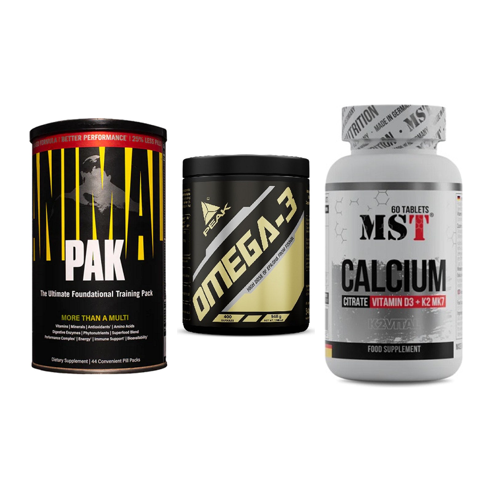 Grundversorgung: Universal + Peak Omega-3 + MST Calcium – alle enthaltenen Artikel